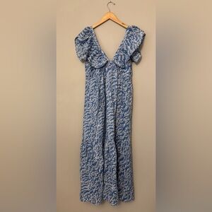 Elie‎ Tahari Bohemian Floral Sleeveless Ruffle Maxi Dress Blue Linen Women’s 10